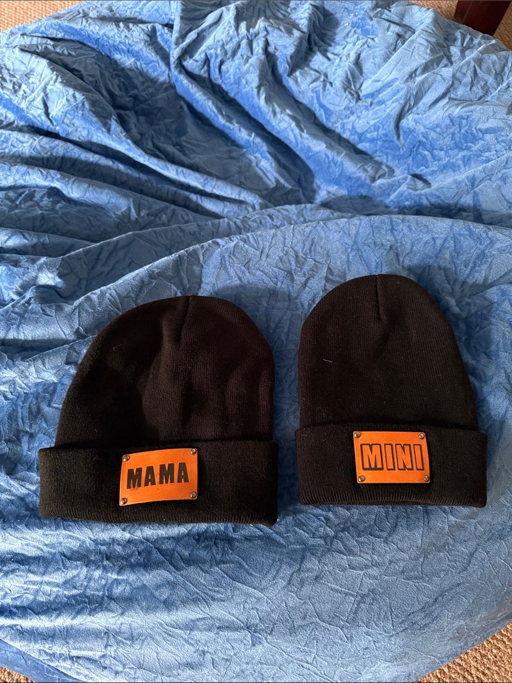 Mama + Mini Black Knit Beanie Set with leather Patch